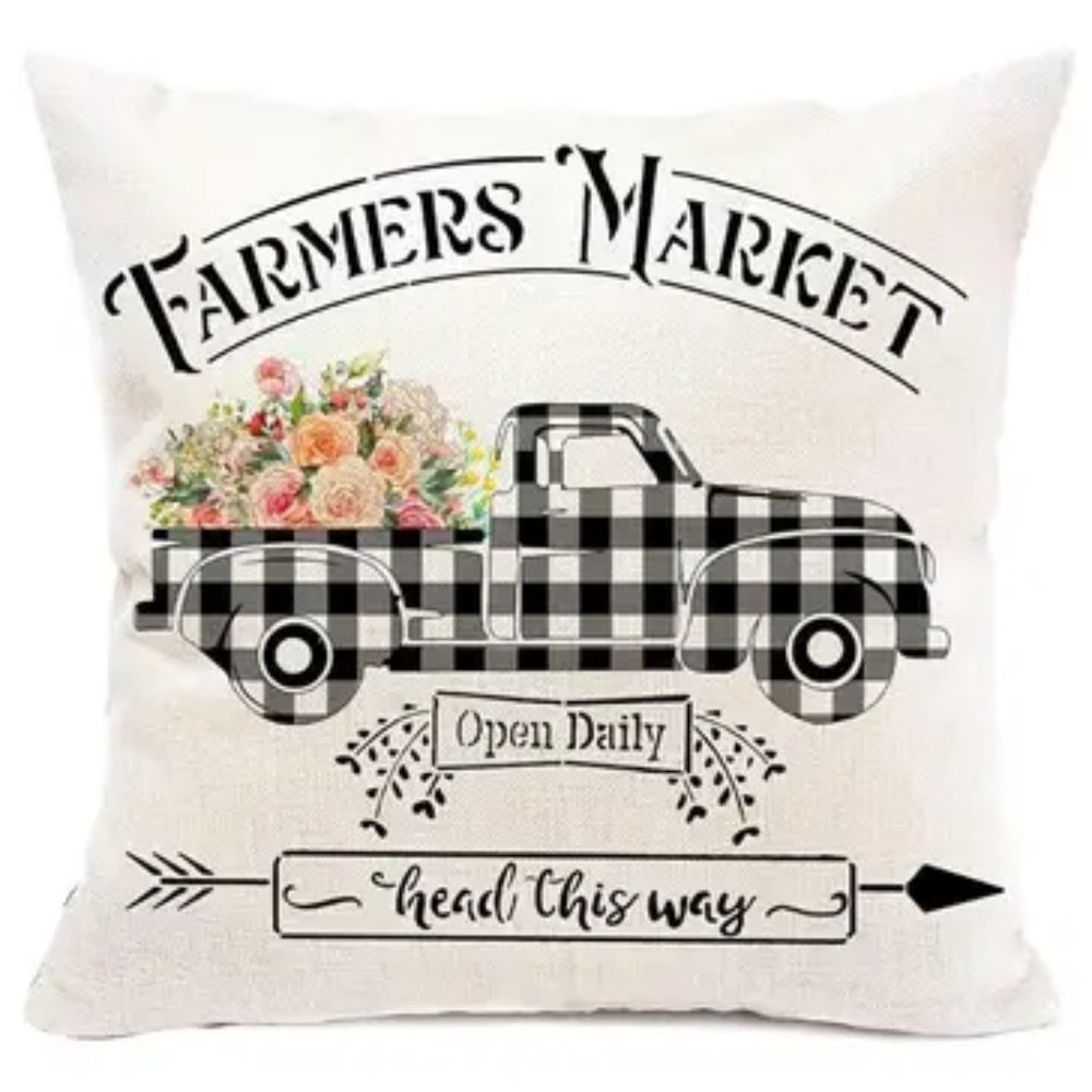 NEW "FARMER'S MARKET" FARMHOUSE FLORAL DECOR VTG TRUCK LINEN PILLOW COVERS 17.7"